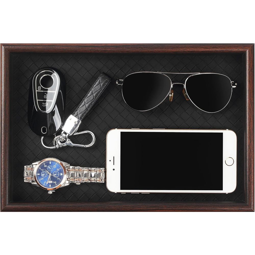 Valet Tray Nightstand Organizer Leather - Leather-Base Wooden Valet Tray: Nightstand Organizer