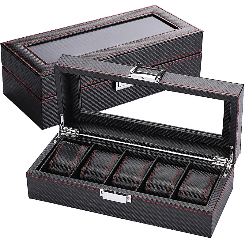Watch Display Storage Box Carbon Fiber - WellZone Fashion Style 5/6/10/12 Positions Black