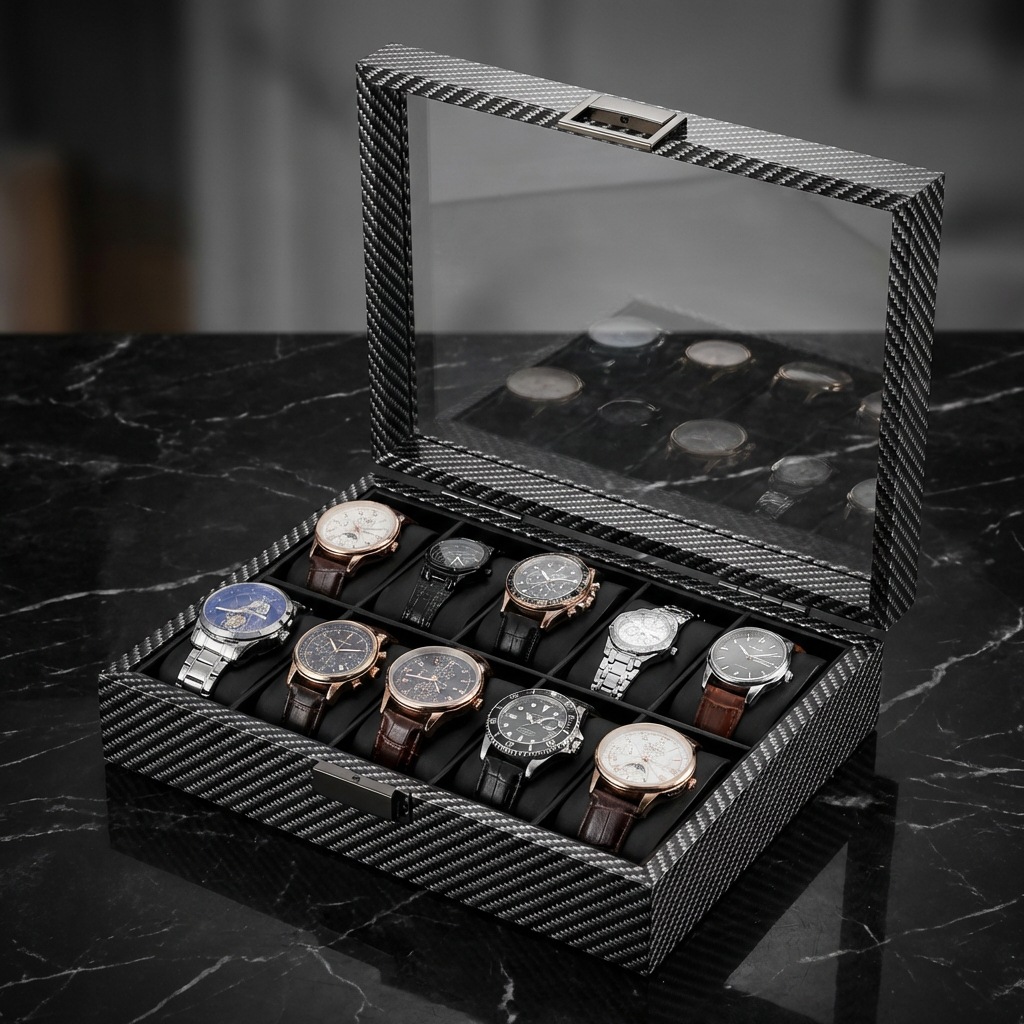 Carbon fiber grain wood 10-dig - огляд і ціна Watch Display Storage Box Carbon Fiber
