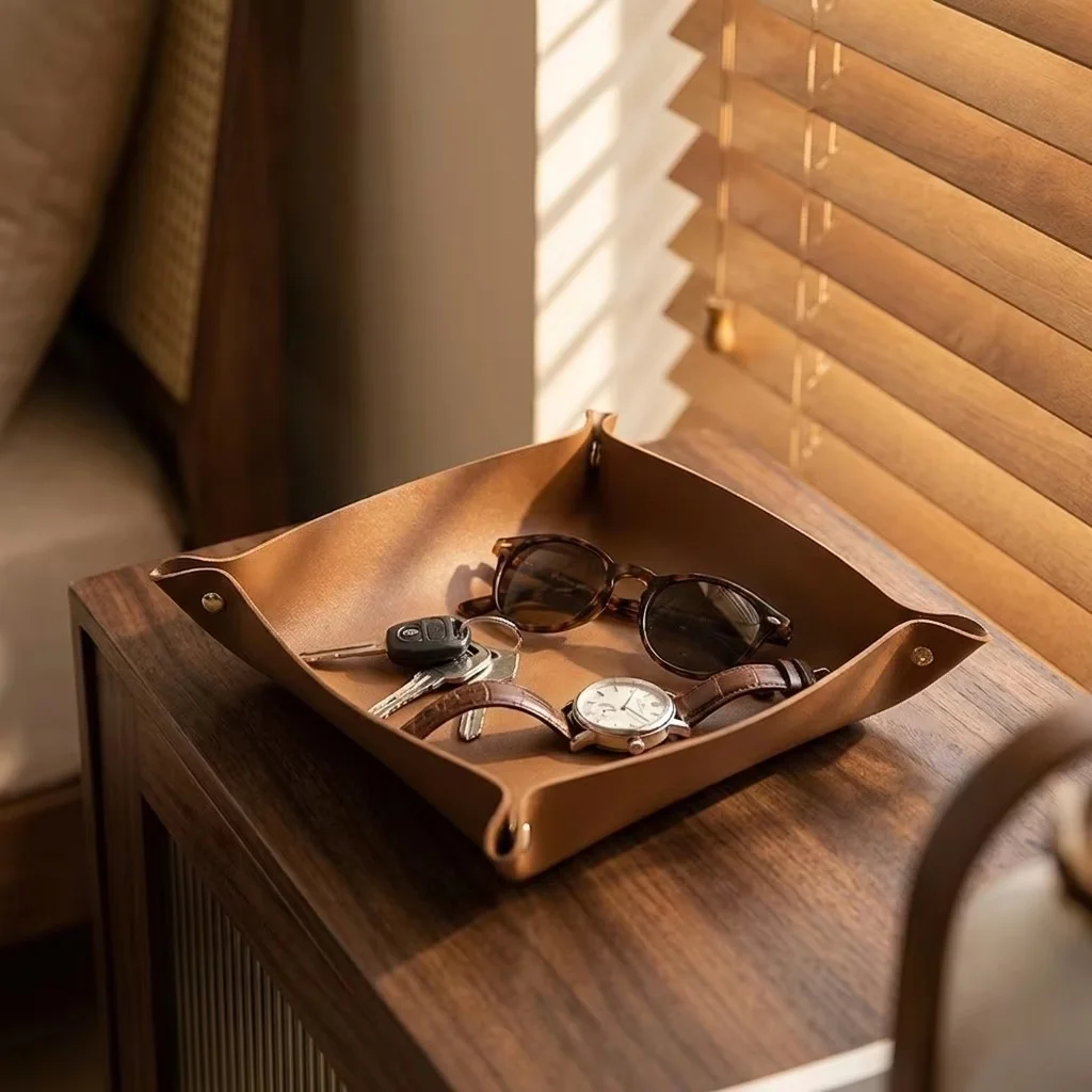 1PC 20x20CM Valet Tray Foldabl - огляд і ціна Valet Tray Nightstand Organizer Leather